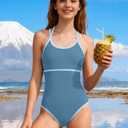WIQI Girls Swimsuit Size 8 One Piece Bathing Suit Blue Adjustable Straps Kids Swimwear with Cover Up Skirt Girls Bathing Suits Size 8-10