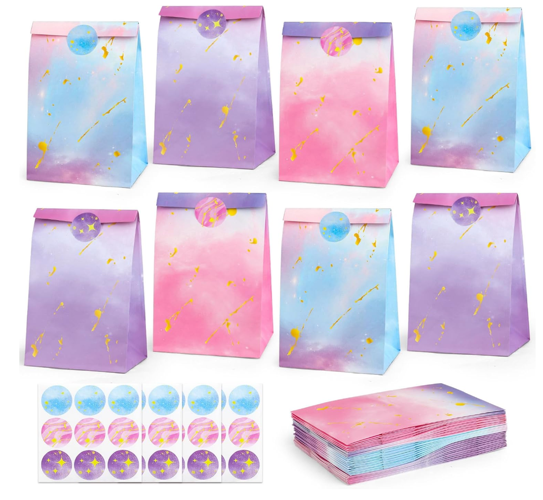 HEJIN 30PCS Tie Dye Party Bags with Stickers, Pink and Purple Small Gift Bags, Mermaid Unicorn Birthday Party Favors Bags for Girls Goodie Bags for Kids Birthday Party, Baby Shower, Halloween, Wedding