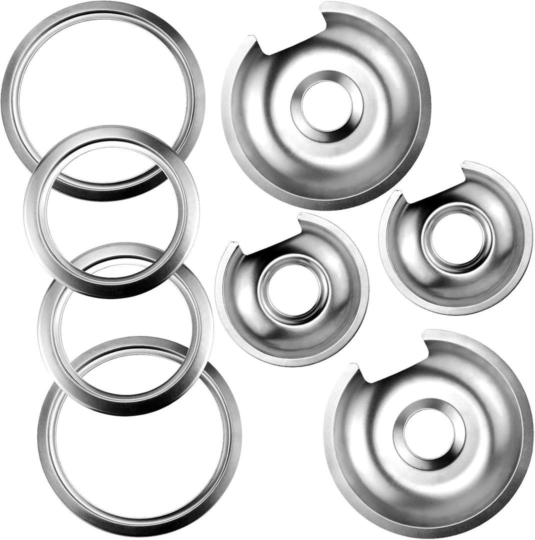 Burner Drip Pans 2 Large 8'' WB32X10013 & 2 Small 6'' WB32X10012 Chrome Drip Pan Set Fits for GE Hotpoint Electric Stove Top - Include 2 Pcs 6'' Drip Pan/Ring and 2 Pcs 8'' Drip Pan/Ring by AMI PARTS