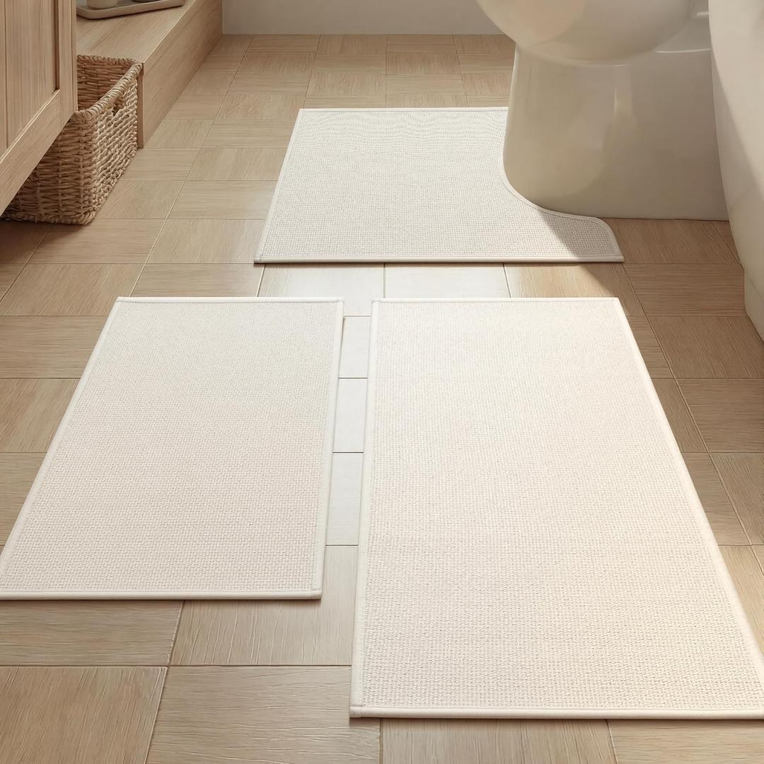YIHOUSE Bathroom Rugs Mats Sets 3 Pieces Beige, Ultra Thin Bath Mat Absorbent Non Slip Bath Rugs for Bathroom Washable, Shower, Sink, Laundry (Beige, 3 Pieces)