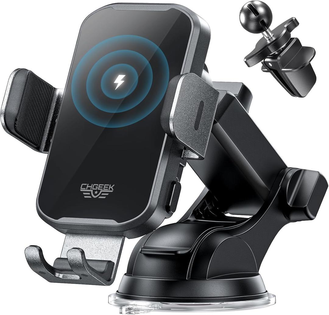 CHGeek Wireless Car Charger Phone Holder Mount, 15W Fast Charging Auto Clamping Phone Holders for Your Car Dashboard Windshield Air Vent Car Accessories for iPhone, Samsung Galaxy, Google Pixel etc (Black)