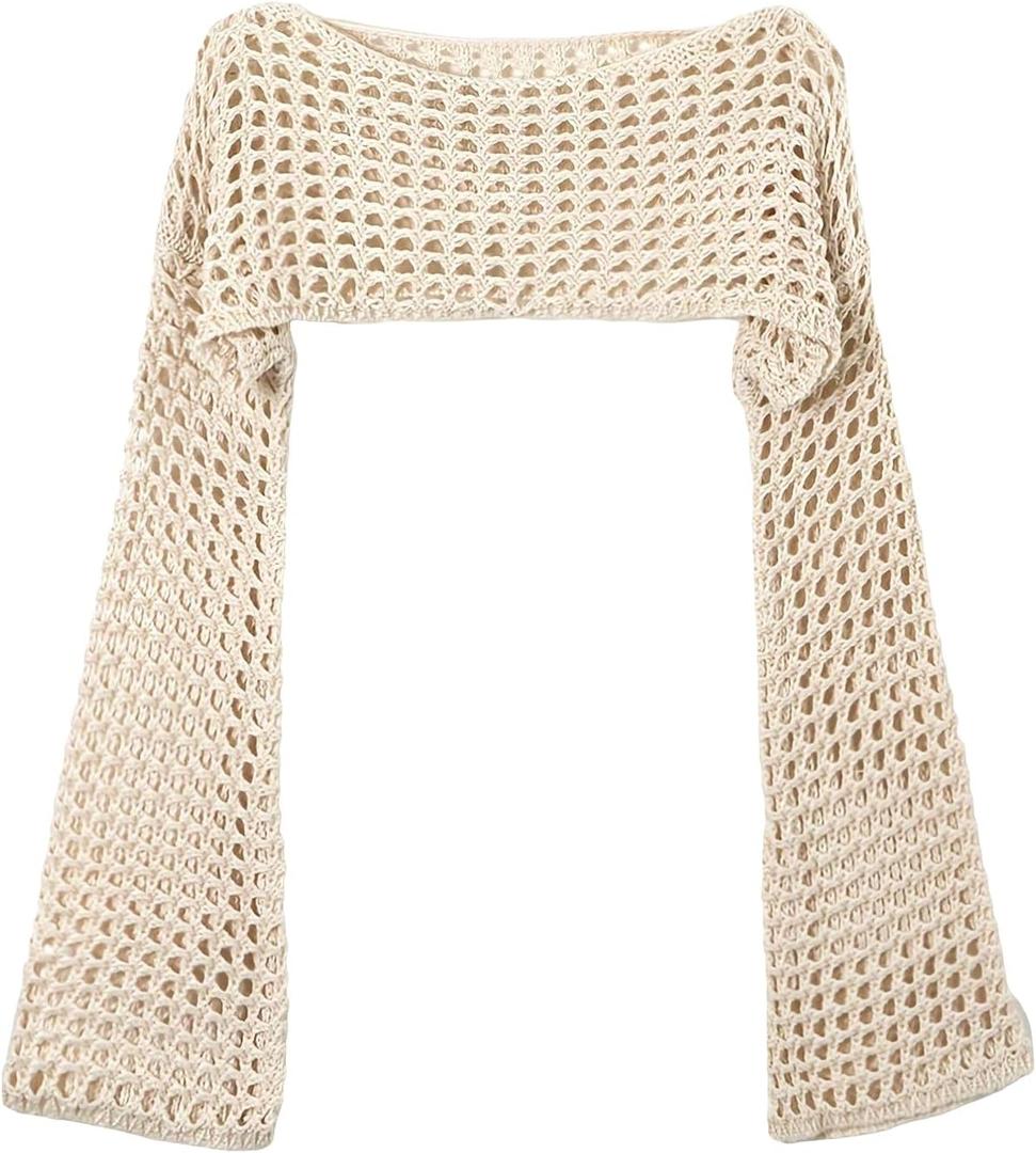 Verdusa Women's Crochet Shoulder Shrugs Summer Lightweight Hollow Half Sleeve Cardigan Grunge Clothes Khaki Small