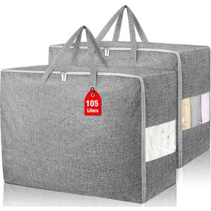 105L Extra Large Storage Bags, Folding Moving Comforter Blanket Storage Bags Closet Organizers and Storage Containers for Clothes with Strong Handles&Zippers Clear Window for Bedding Pillow Grey 2Pack