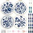 FREEBLOSS 4 Set 12'' Embroidery Kit for Beginners Indigo Flowers Border Pattern Embroidery Kit with Instructions Full Kit of Embroidery Cloth 2 Embroidery Hoops Indigo Blue Series Flosses