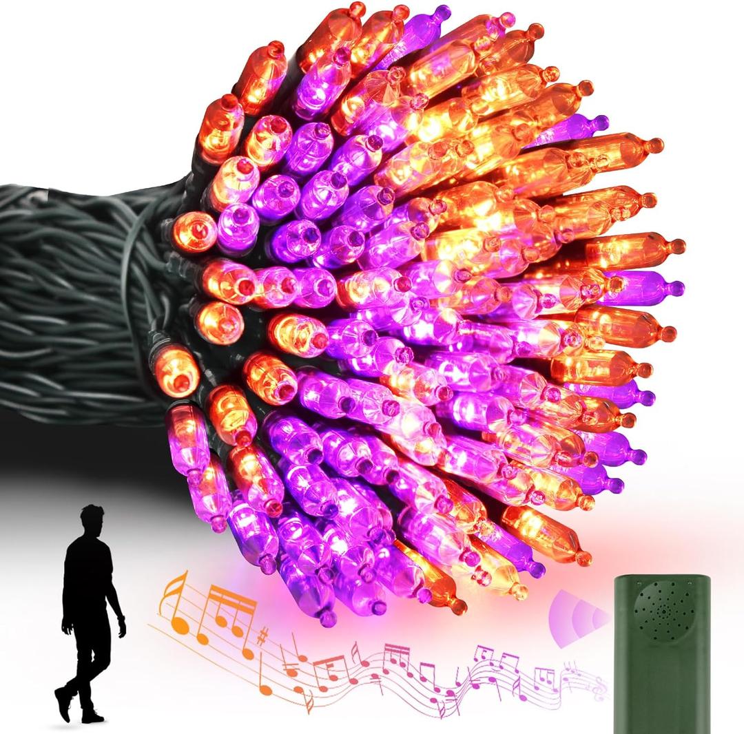 Tcamp Battery Operated Halloween Lights Motion Activated Sync with Music, 33FT 100 LED Orange Purple String Lights with Spooky Music for Outdoor Indoor Halloween Decor (6 Lighting Modes)