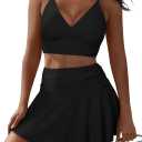 Pink Queen Women's High Waisted Bikini Set Two Piece Swimsuit V Neck Spaghetti Straps Swim Skirt Bathing Suit (Large, Black)