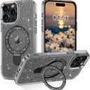 DOMAVER Magnetic Case for iPhone 15 Pro Max 6.7" with Stand [Compatible with Mag Safe], Glitter Bling Translucent Slim Back Shockproof Protective Soft Cover with Bling Kickstand for Women Girls- Black