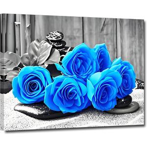 ZHIYYHAO Black and White Blue Roses Canvas Wall Decor Framed Modern Zen Artwork For Bedroom Bathroom Office Home Decor Ready to Hang（rose-2，24.00L X 16.00W''）