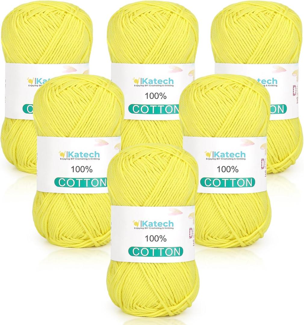 Katech Pure Cotton Yarn for Crocheting & KnittingSoft Sport Weight CYC #2, 6 Skeins (50g Each, 300g Total), Ideal Crochet Yarn for Dishcloths, Baby Clothes, Socks, Lightweight Scarves Soft, Yellow