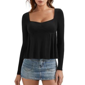 OMKAGI Cute Peplum Babydoll Tops for Women Going Out Double Layer Long Sleeve Shirts(S,435-Black) (Black, S)