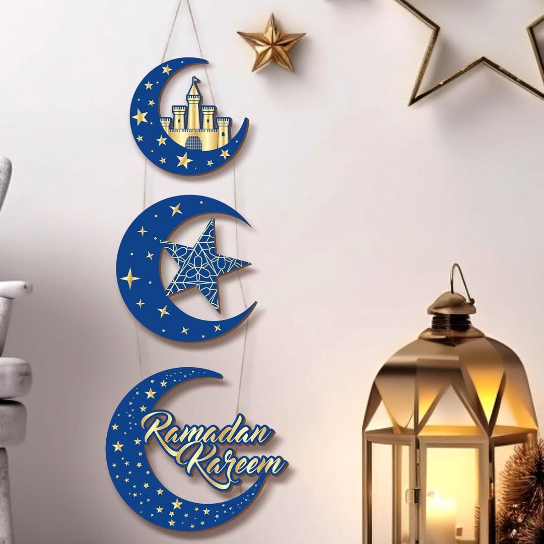 3 Pcs Ramadan Door Sign Ramadan Kareem Decorations for Home Islamic Door Wooden Hanging Plaque Wreath Moon and Star Ornament Mubarak Muslim Wall Sign for Indoor and Outdoor Porch Decor