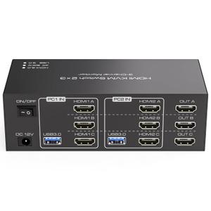 HDMI KVM Switch 3 Monitors 2 Computers 4K@60Hz KVM Switches with 4 USB 3.0 Ports for 2 Computers Sharing Triple Monitor and 4 USB Devices Support Extended & Copy Mode with 2 USB Cables