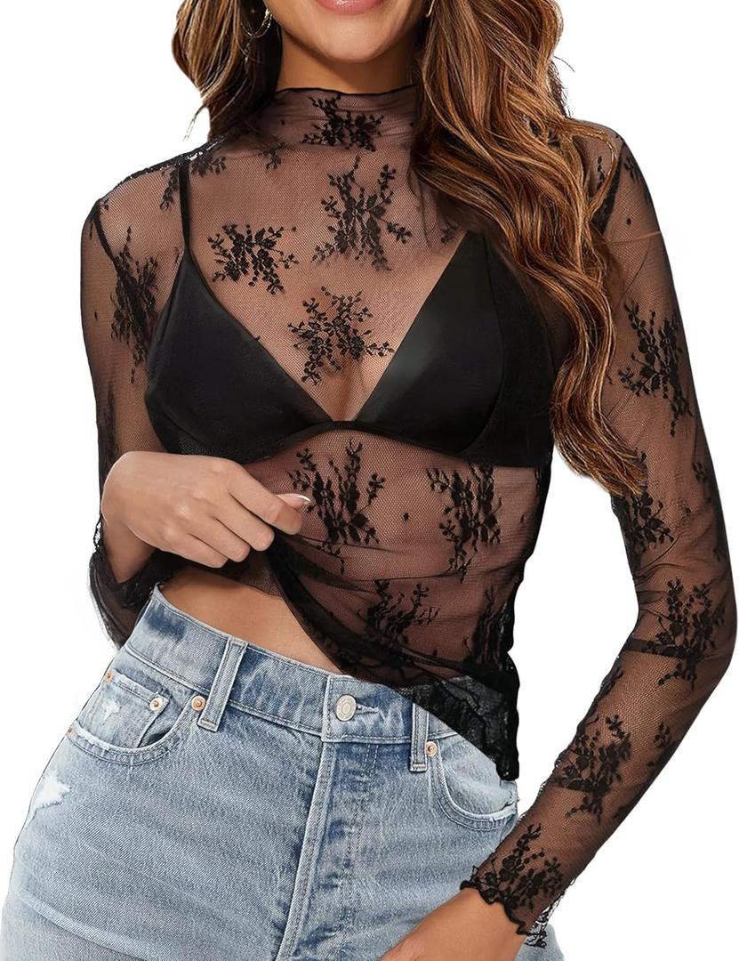 Buauty Mesh Long Sleeve Top for Women, Lace Sheer Tops See Through Mock Neck Floral Embroidery Sheer Blouce Fishnet Shirt (Large, Black)