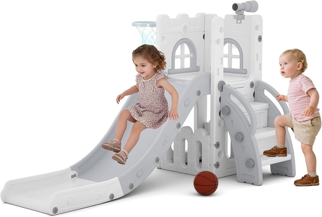 6 in 1 Toddler Slide,Kids Playset for Toddlers Indoor Outdoor, Baby Slide with Basketball Hoop, Telescope & Storage Space,Non-Slip Steps for Great Gift (Gray)