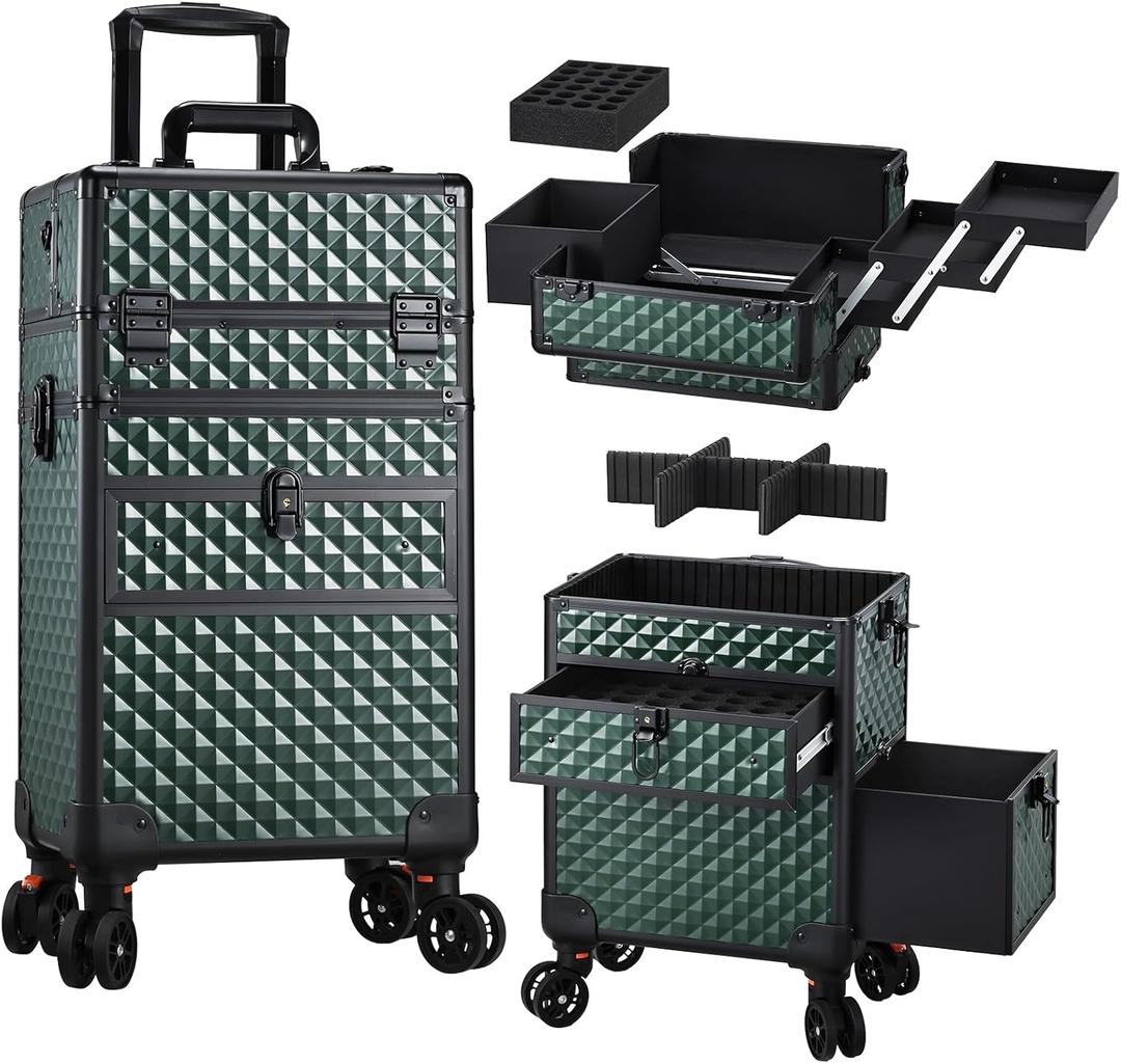 Joligrace Rolling Makeup Case with Drawers - Tattoo Storage Organizer Travel Cart for Nail Tech, Cosmetology, Barber Tools - Portable Suitcase on Wheels Dark Green