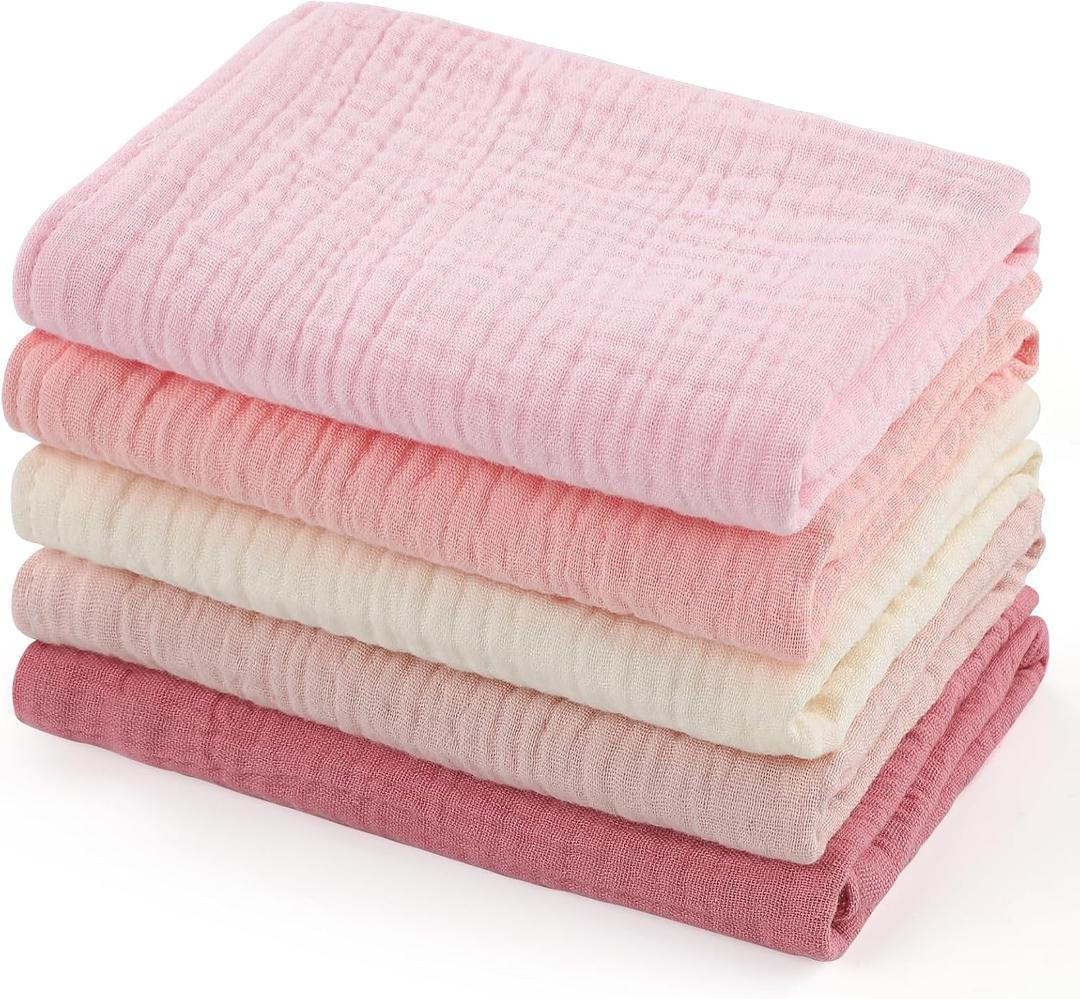 MUKIN Baby Washcloths,Muslin Burp Cloths Towels for Newborns,Absorbent Cotton Bath Face Towel 5 Pack, 12x12 Inches (Rosy Embrace) MUKIN Baby Washcloths,Muslin Burp Cloths Towels for Newborns,Absorbent Cotton Bath Face Towel 5 Pack, 12x12 Inches (Rosy Embrace)