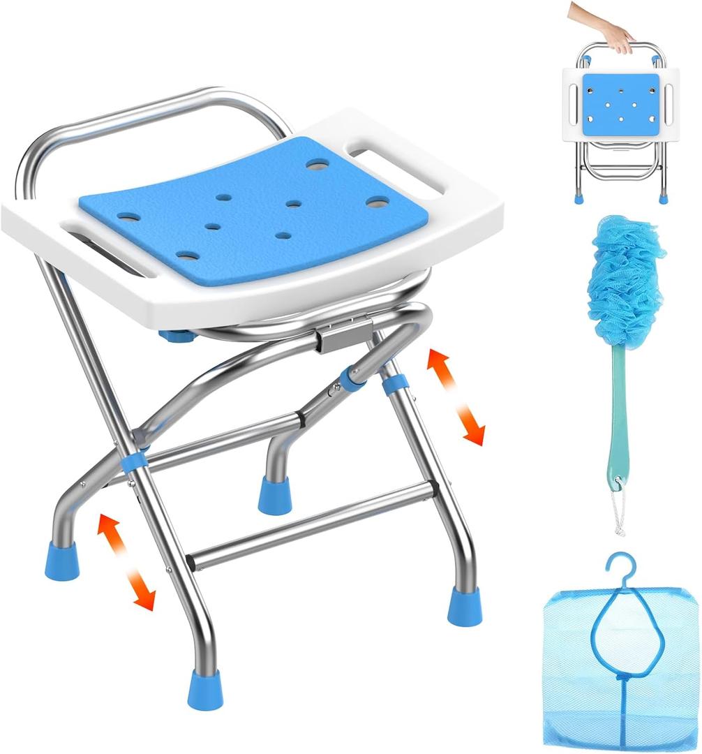 Height Adjustable Folding Shower Chair Seat, Stainless Steel Shower Chair for Inside Shower w/Crossbar, 420LB Portable Travel Shower Stool, Safety Anti-Slip Bath Chair for Seniors, White