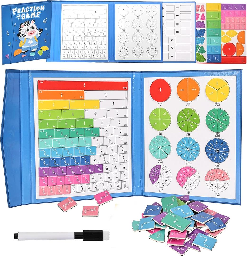 Magnetic Fraction Educational Puzzle,Magnetic Fraction Tiles & Fraction Circles,Montessori Fraction Manipulatives Learning Games for Kids,Fraction Manipulatives for Elementary School (Zebra)