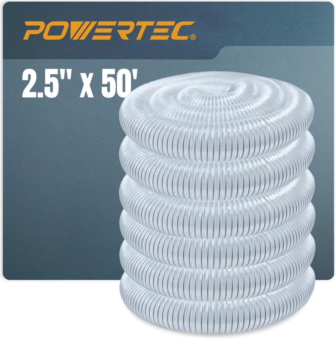 POWERTEC 2-1/2" x 50' Dust Collection Hose, 2.5 Inch Flexible PVC Dust Collector Hose for Table Saw, Band Saw, Router Table, Belt Sander, Woodworking & Garage, Wood Shop Dust Collection System (70240)
