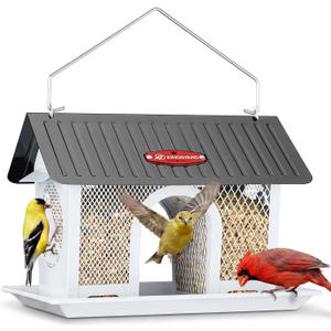 Kingsyard Bird Feeder for Outdoors Hanging, Dual-Use Metal Mesh Wild Bird Feeders with Seed Tray & Weatherproof Roof, 3 lbs Large Capacity, White
