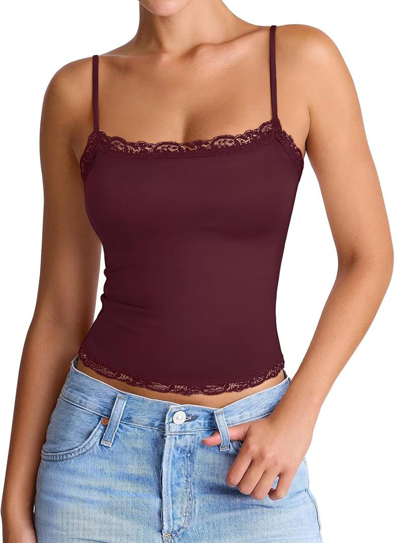 PINKMSTYLE Women's Sexy Square Neck Lace Cami Tank Tops Fitted Double Lined Sleeveless Crop Spaghetti Strap Summer Y2k Tops (Purple, M)