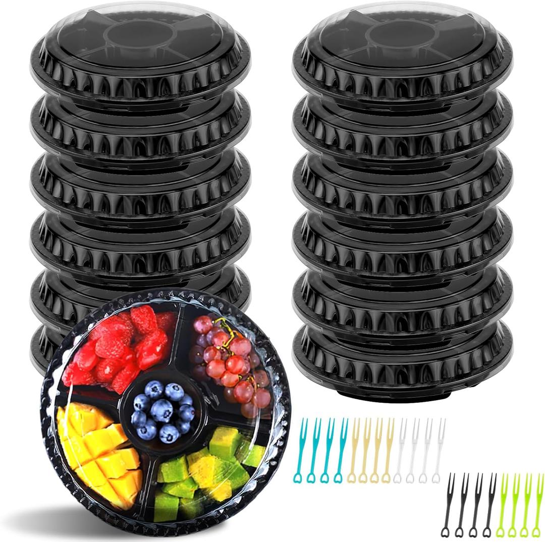 12 Pcs Plastic Appetizer Serving Tray with Lid, Round Fruit Tray with Lid Disposable Serving Fruit Veggie Tray with 3/5/6 Divided Compartment Tray Fruit Snack Veggie Trays for Catering for Party (9.84x9.84x2inch, Black)
