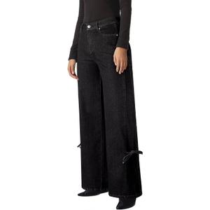 Astylish Women's Cotton High-Waisted Wide-Leg Jeans with Tie-Side Detail Fashion Fall Western Casual Pants (Black)