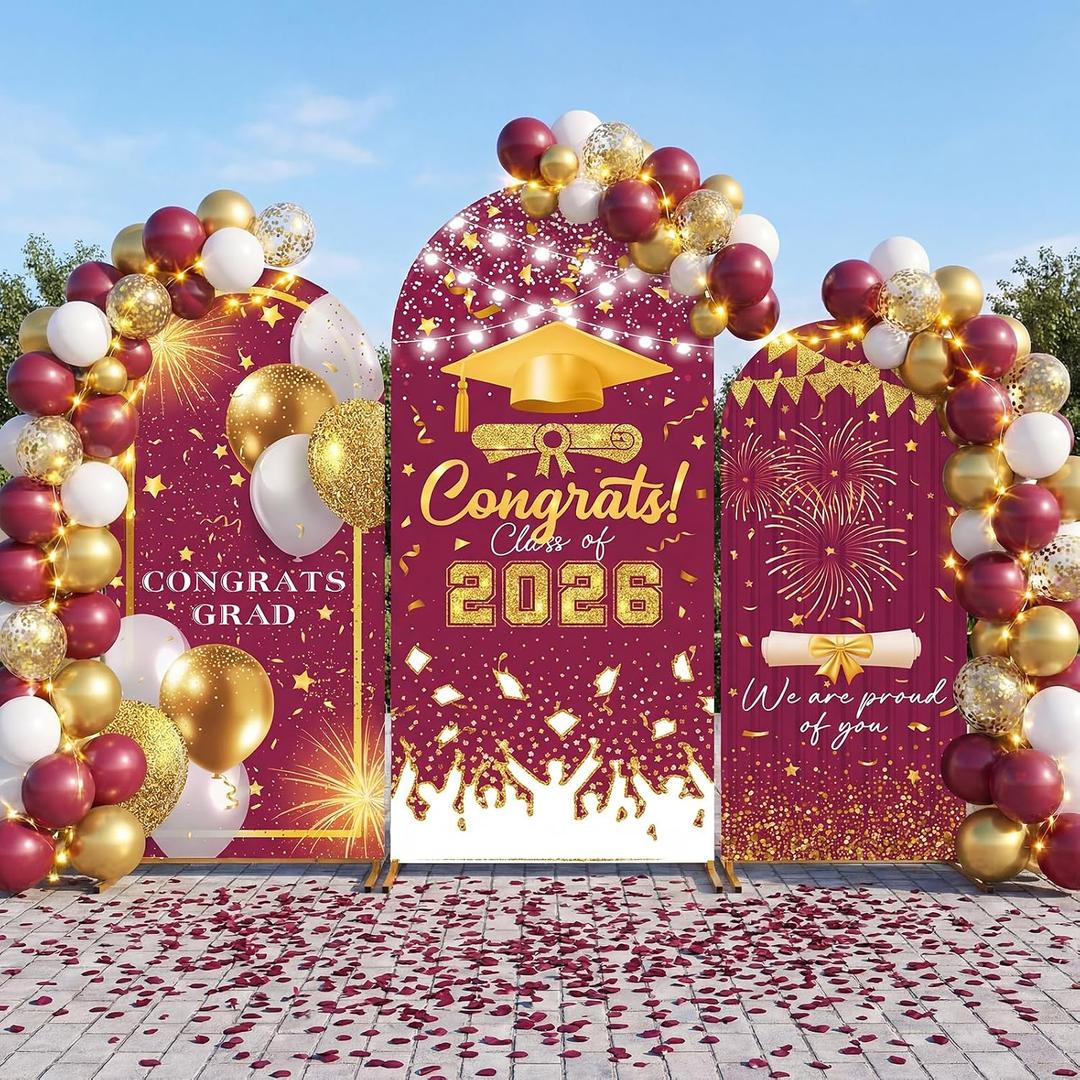 WovWeave Graduation Arch Backdrop Stand Cover Set of 3-4ft 5ft 6ft Grad Arch Cover Photo Booth Backdrop Decorations for Graduation Party Decor Supplies(Maroon Gold,Congrats)