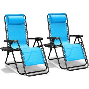 Zero Gravity Chairs Set of 2, Adjustable Lounge Chair Outdoor Recliner, Folding Reclining Lawn Chair, Anti Gravity Chair with Pillow & Cup Holder for Pool Camping Sunbathing Beach Patio (Sky Blue)