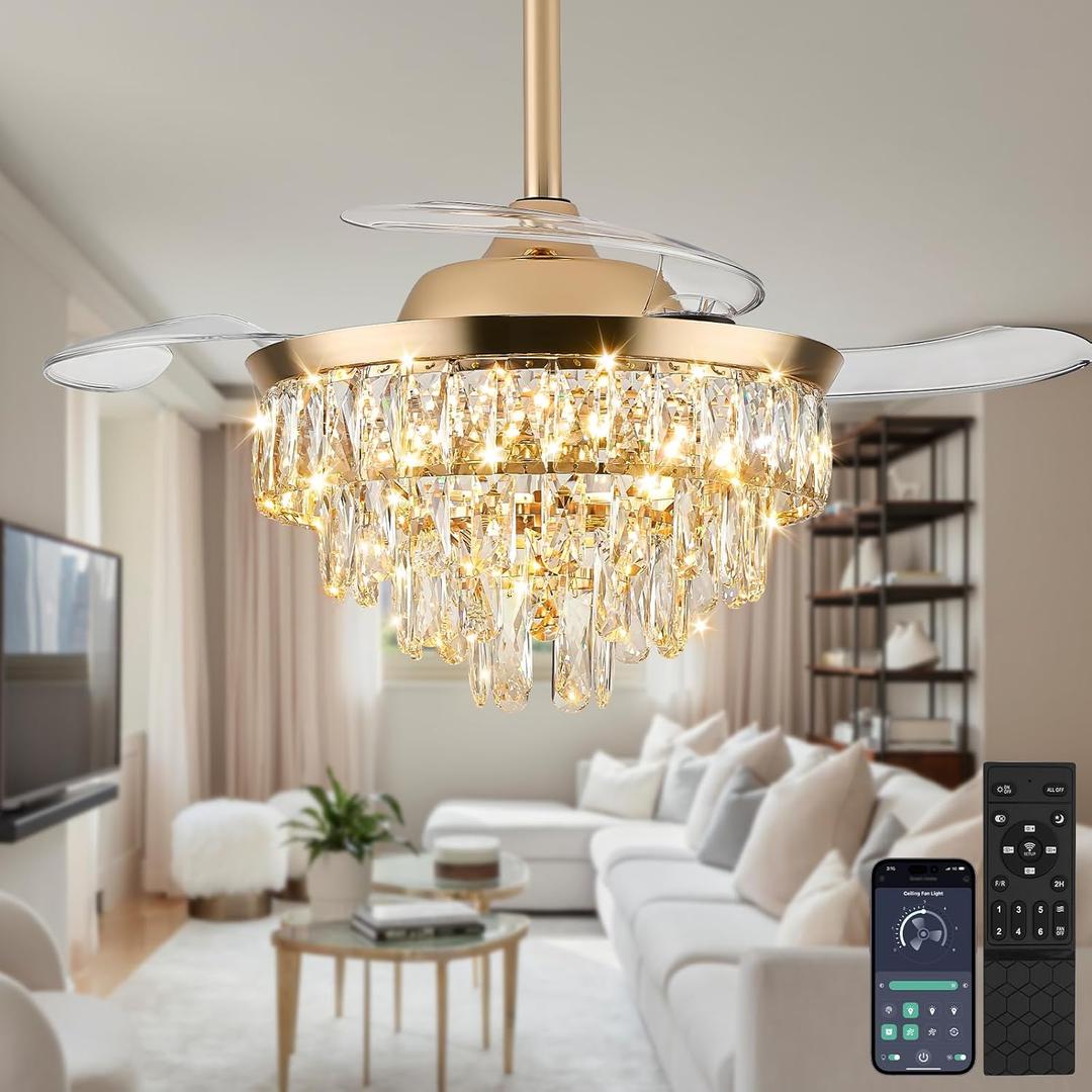 36 inch Modern Crystal Ceiling Fan with Lights and Remote LED Dimmable Fandelier Invisible Retractable Ceiling Fan 3 Blades 6 Speeds for Bedroom Living Room Dining Room(Gold)
