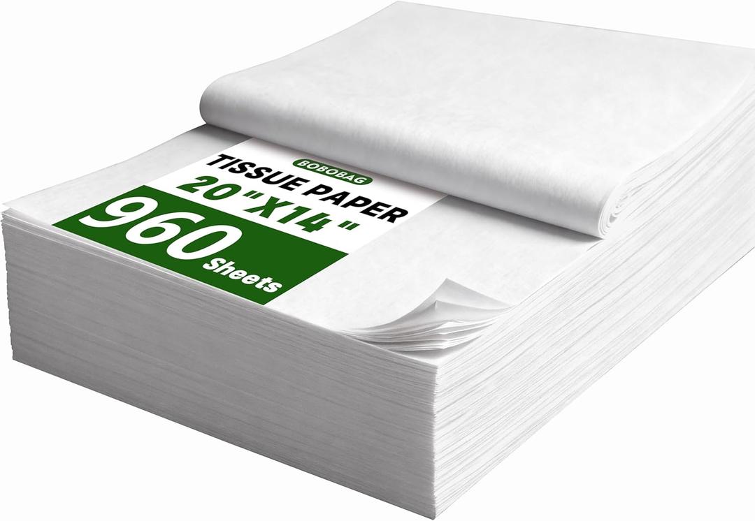 Bobobag 960 Sheets 20"X14" White Tissue Paper Bulk for Gift Bags Wrapping Packing Moving,Weddings Birthday Showers Arts Craft Party Favor Decoration Box Filler
