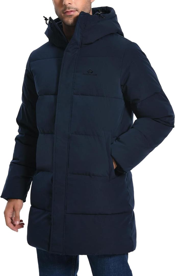 Pioneer Camp Mens Long Winter Coat Hooded Waterproof Insulated Puffer Jacket Thicken Puffy Warm Down Windbreaker Parka (Large, Navy)