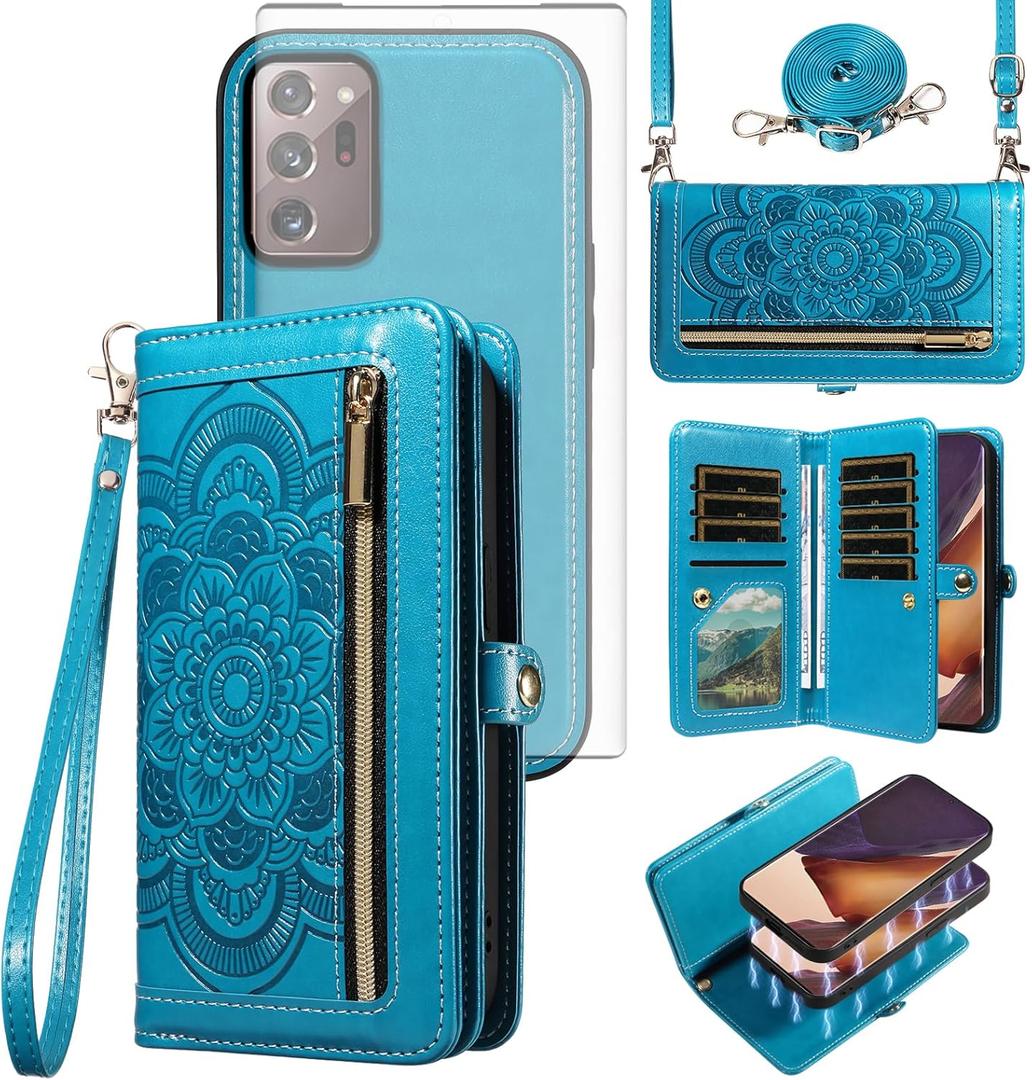 Asuwish Phone Case for Samsung Galaxy Note 20 Ultra 5G Zipper Wallet Cell Cover with Screen Protector Strap Flower Card Holder Note20 Plus Notes 20Ultra Note20+ U + 20+ Twenty Not S20 Women Girls Blue