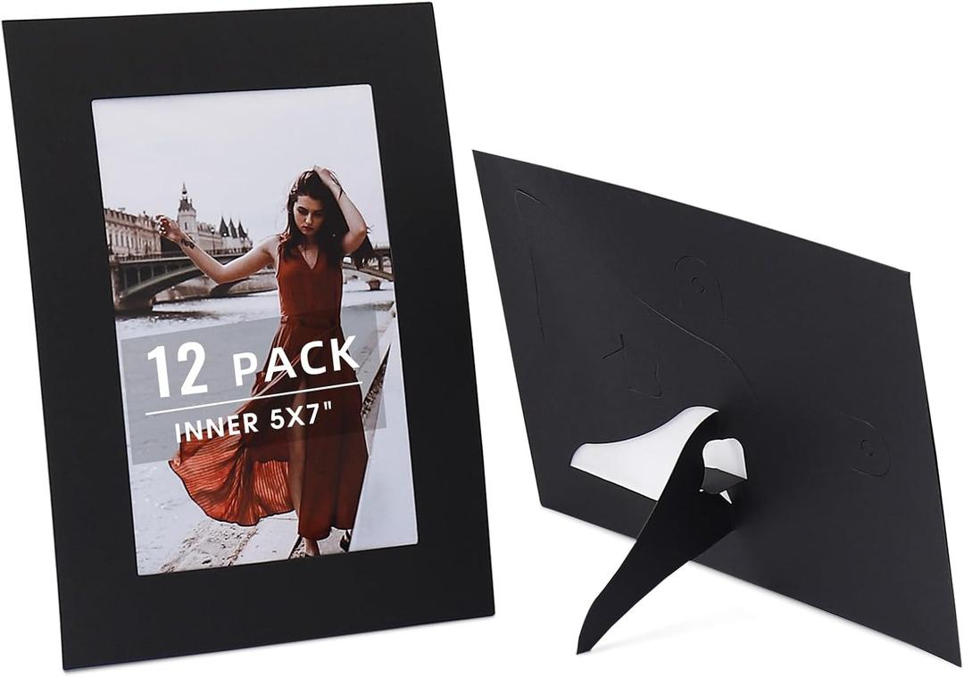 12 Pack Black Paper Picture Frames for 5x7, Acid Free Picture Cardboard Frames with Ivory Core Bevel Cut, Classroom Crafts, Home Decoration