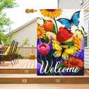 Louise Maelys Welcome Spring Floral House Flag 28x40 Inch Double Sided, Burlap Large Spring Summer Butterfly Yard for Seasonal Outside Outdoor House Decoration