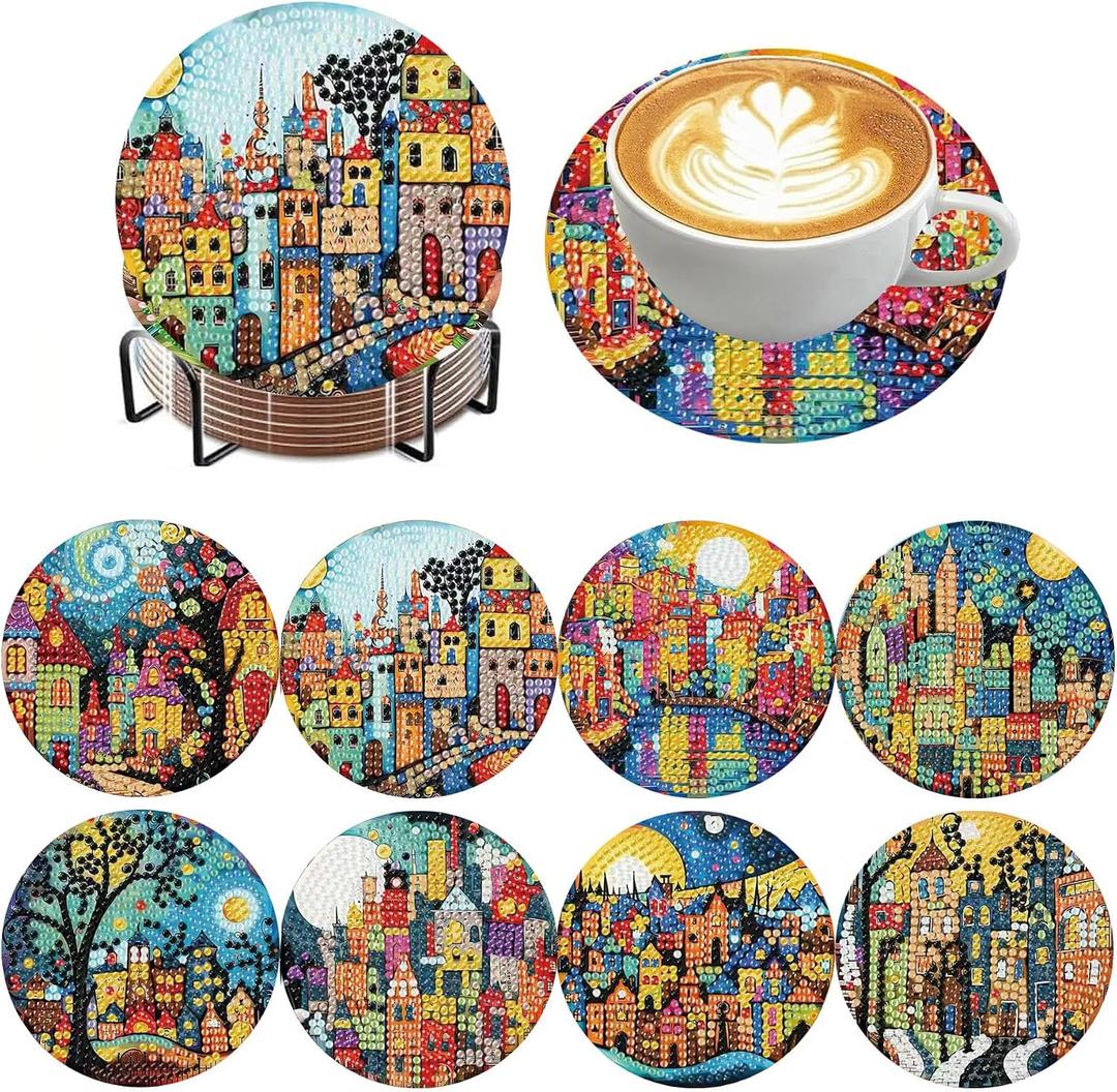 Ijbnhd 8 Pcs Diamond Art Coasters Kits, House Diamond Painting Coasters Kit with Holder, Diamonds Art Non Slip Coaster Crafts Kits for Adults Gifts 4x4 inch (Cork Wooden Pad)