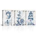 RnnJoile Blue Floral Canvas Wall Art Navy Blue Pictures Prints Flower Painting Farmhouse Bedroom Bathroom Decor Framed 16"x20"x3pcs (Medium)