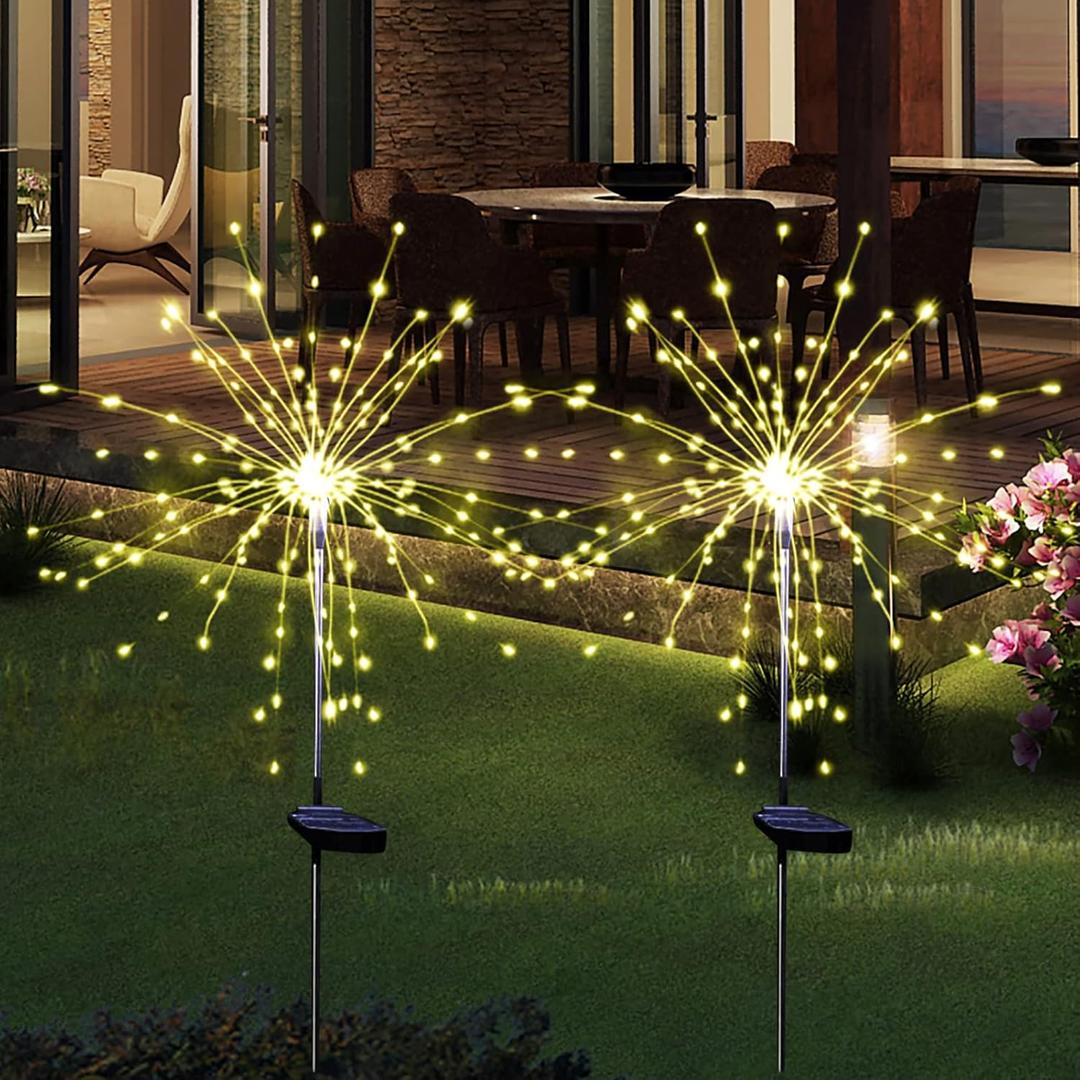 Solar Garden Firework Lights Outdoor Waterproof 2 Pack Solar Powered Art Stake Twinkle Lighting for Outside Decor, 120 LED Sparklers String Lights for Yard Party Decorations (Warm White) (Yellow)