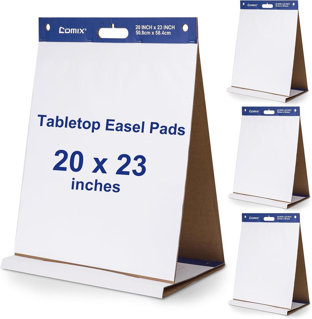 Comix Sticky Portable Tabletop Easel Pads, 20 x 23 Inches Flip Chart Paper for Teachers, Students, Businessmen, Office Workers, 20 Sheets/Pad, 4 Pads/Pack