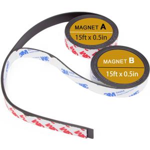 A+B Magnetic Tape with Adhesive Backing, (15ft x 0.5in x 2Pack) a b Paired Flexible Magnet Strips Match to Use for DIY Crafting