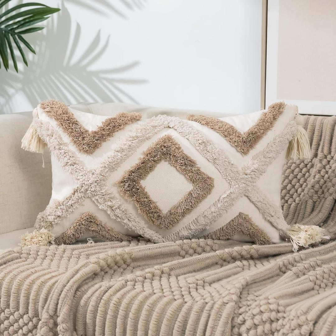 Boho Tufted Lumbar Throw Pillow Cover 12x 20 with Tassels, Modern Geometric Farmhouse Neutral Pillow Cushion Cases, Decorative Pillows for Bed, Outdoor Couch Bedroom Car Cream Khaki
