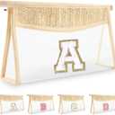 UIXIZQ Personalized Initial Letter Bag Boho Straw Clear Makeup Bag,Small Cute Chenille Varsity Letter Bag With Zipper,Beach Travel Toiletry Bag,Portable Monogrammed Cosmetic Bag for Women Girls,A (White)