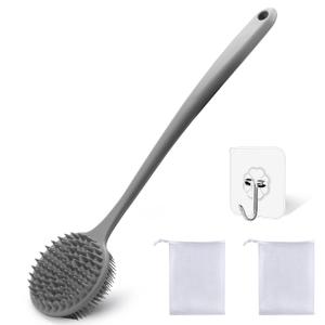Silicone Body Scrubber for Shower Men Women Dual-Sided Exfoliating & Massage Shower Brush with Long Handle, Creates Rich Lather, Includes 1 Hook & 2 Lather Balls (Gray)