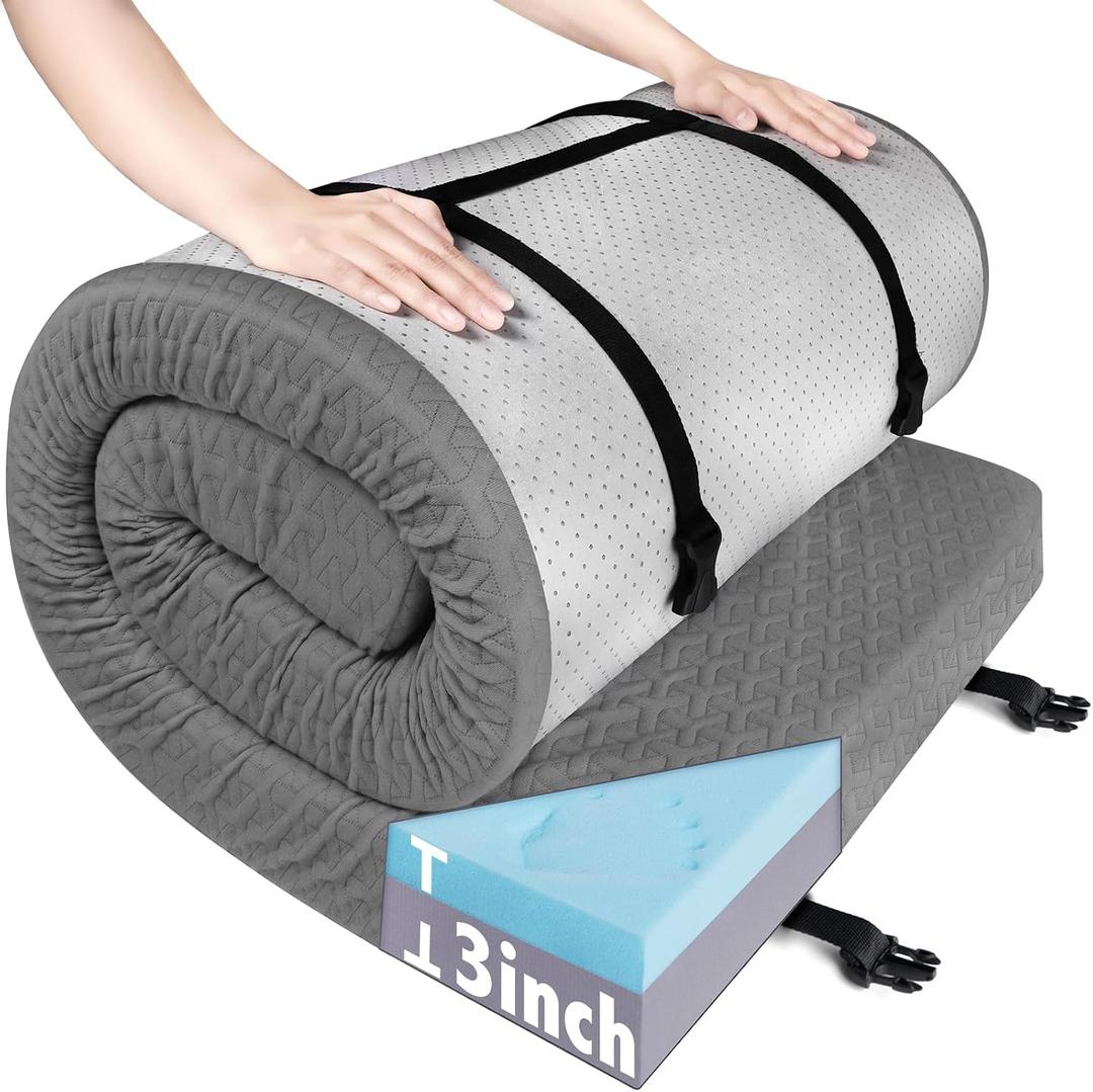 Memory Foam Camping Mattress Pad 3 Inch Thick, Portable Sleeping Pad with Waterproof Cover, Portable Roll Up Cot Mattress Pad Floor Mat for Travel Truck Bed Tent, Cot:72*24*3