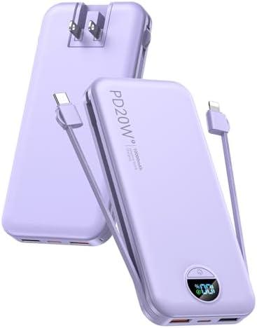 Portable Charger, 10000mAh PD20W USB C Fast Charging Power Bank with Built-in Cables and AC Wall Plug, Smart LED Display Travel Essentials Battery Pack Compatible with iPhone, iPad, Samsung etc Purple