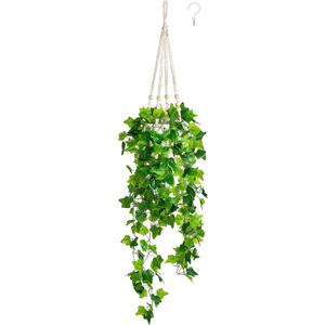 Dahey Fake Hanging Plants Artificial Decor Macrame Hanger with Artificial Vines in Pots Greenery for Wall Ceiling Bedroom Bathroom Indoor Home Decor, 1 Pack