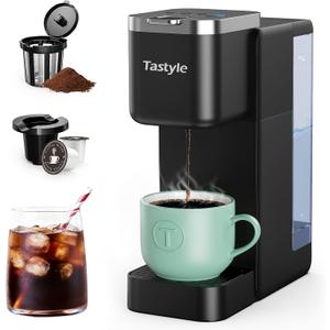 Tastyle Single Serve Coffee Maker, Iced and Hot Coffee Machine for K Cup & Grounds, Compact Design, 40oz Removable Water Reservoir, 6 to 24 Oz Brew Sizes, Fits 7.3" Travel Mug, Black