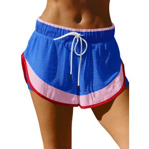 Fisoew Women Athletic Shorts 2 in 1 Running High Split Color Block Workout Yoga Mesh Shorts Pocket Drawstring (Blue, M)