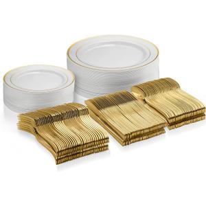 125 Piece Gold Dinnerware Party Set - 50 Gold Rim Plastic Plates, 25 Dinner 25 Dessert Plates, 25 Knives, 25 Forks, 25 Spoons - 25 Guest Disposable Set for Wedding Birthday Parties