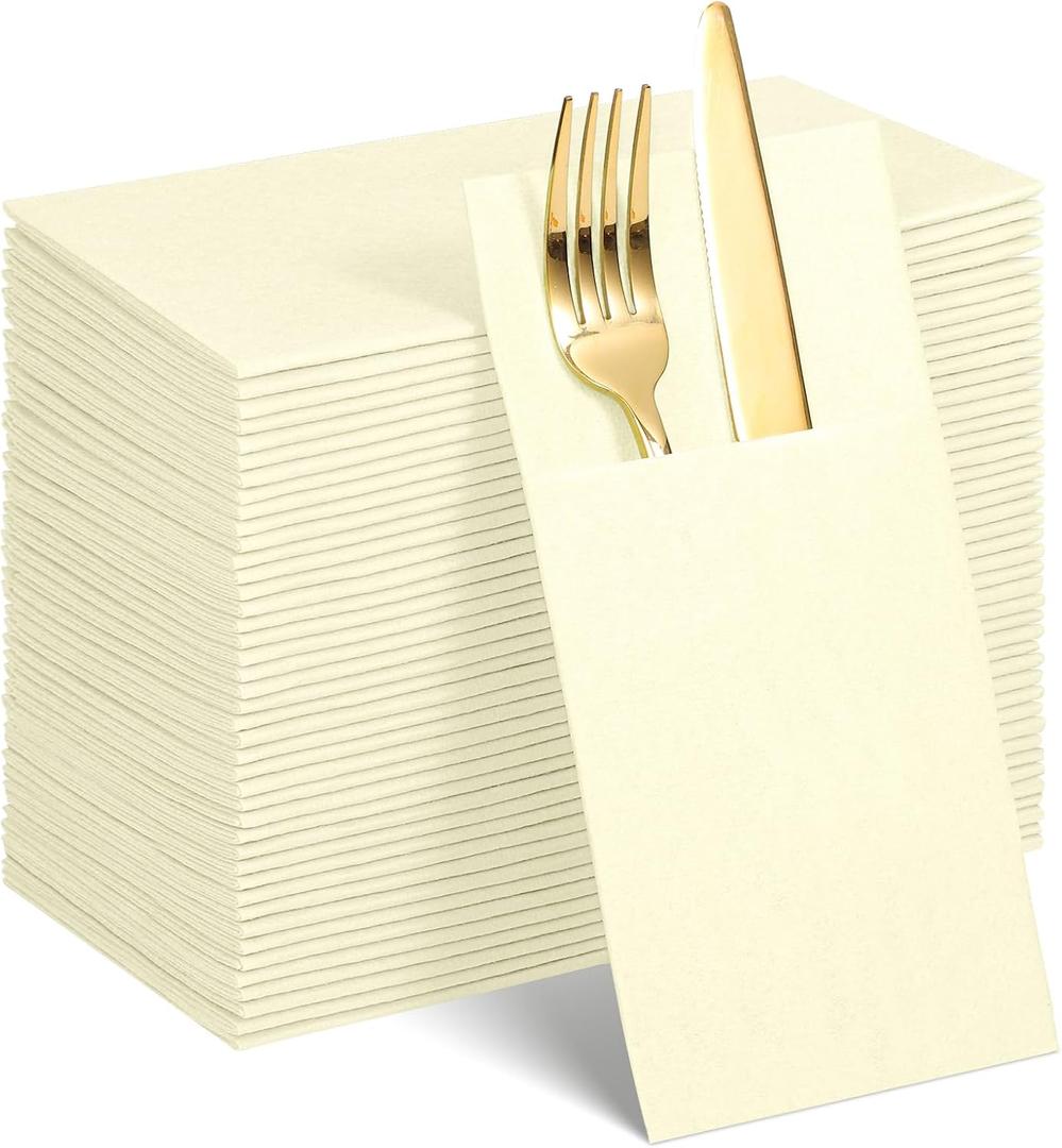 60 Pcs Ivory Linen-Feel Paper Napkins with Built-in Flatware Pocket, Beige Pocket Linen Napkin Prefolded Cloth Like Paper Cream Napkins Bulk for Silverware Birthday Reception Bathroom Weddings Party